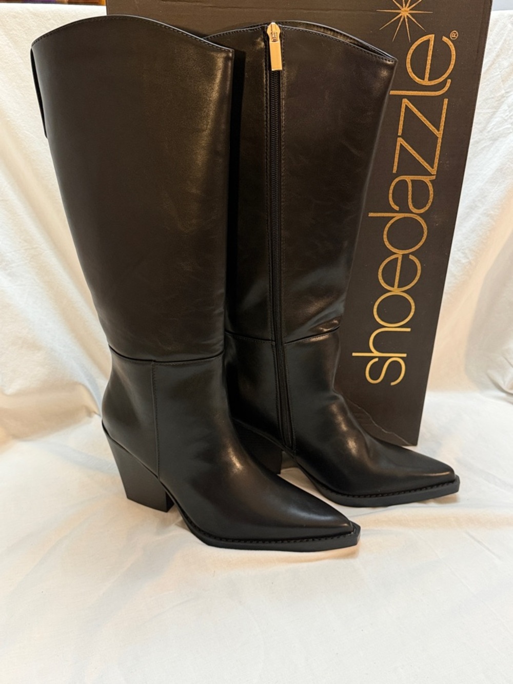 JustFab Shoe Dazzle Black Pointed-Toe Knee-High Block Heel Boots NWT Size 9